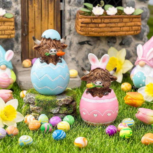 2 Pcs Easter Highland Cow Figurines – Bunny Cow Spring Tiered Tray Decor