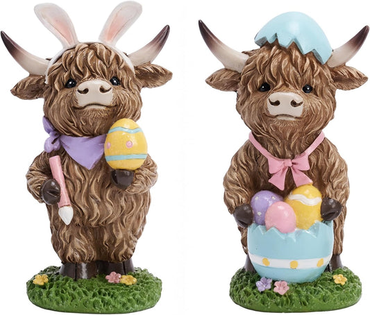 🐰🐮 Highland Cow Bunny Easter Figurines – Set of 2