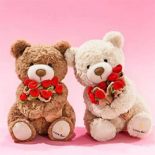 Kawaii Teddy Bear with Rose Bouquet – Soft Plush Romantic Gift for Valentine’s Day & Anniversaries