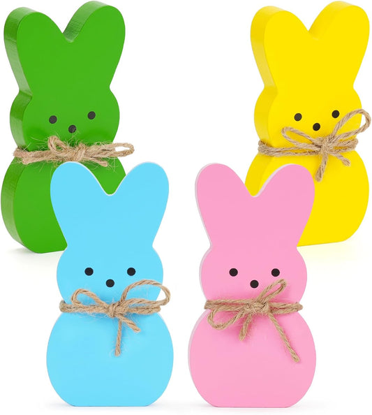 Wooden Easter Bunny Decor Set – 4PCS Spring Rabbit Table Signs for Tiered Tray & Farmhouse Mantel Decor