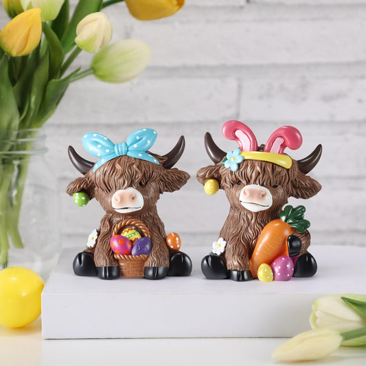 2 PCS Easter Highland Cow Figurines Bunny Decor – Spring Tiered Tray Decorations