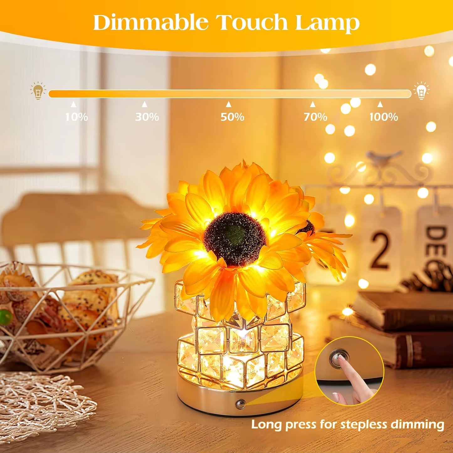 Nightstand Table Lamp Rechargeable Bedroom Bedside Decorative Lamp Crystal Flower Rose for Girl Valentine'S Day Birthday Gift