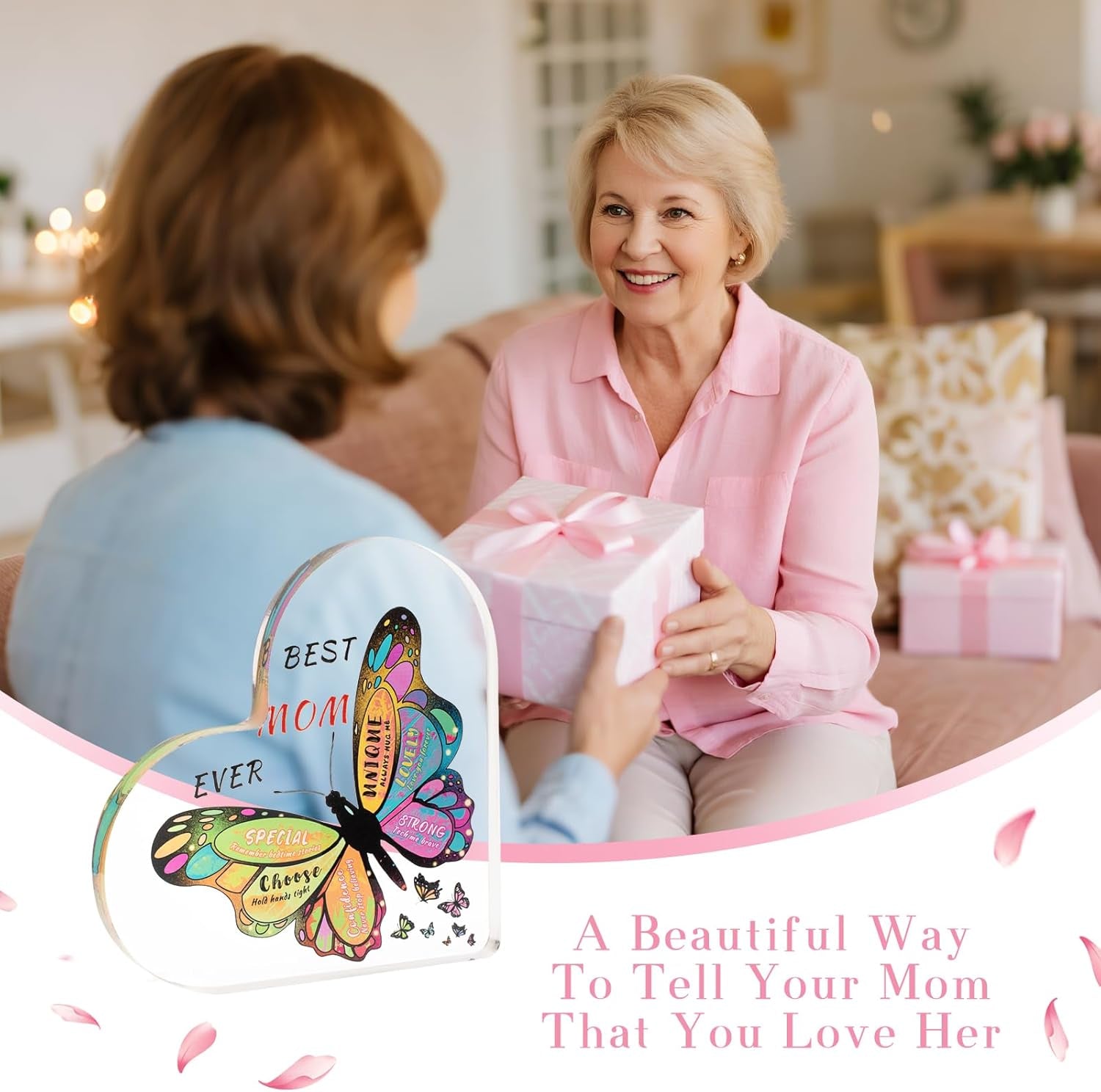 Butterfly Desk Decoration Gifts for Mom – Best Mom Ever Acrylic Plaque from Daughter & Son | Birthday, Christmas, Anniversary & Mother’s Day Gift for Mom