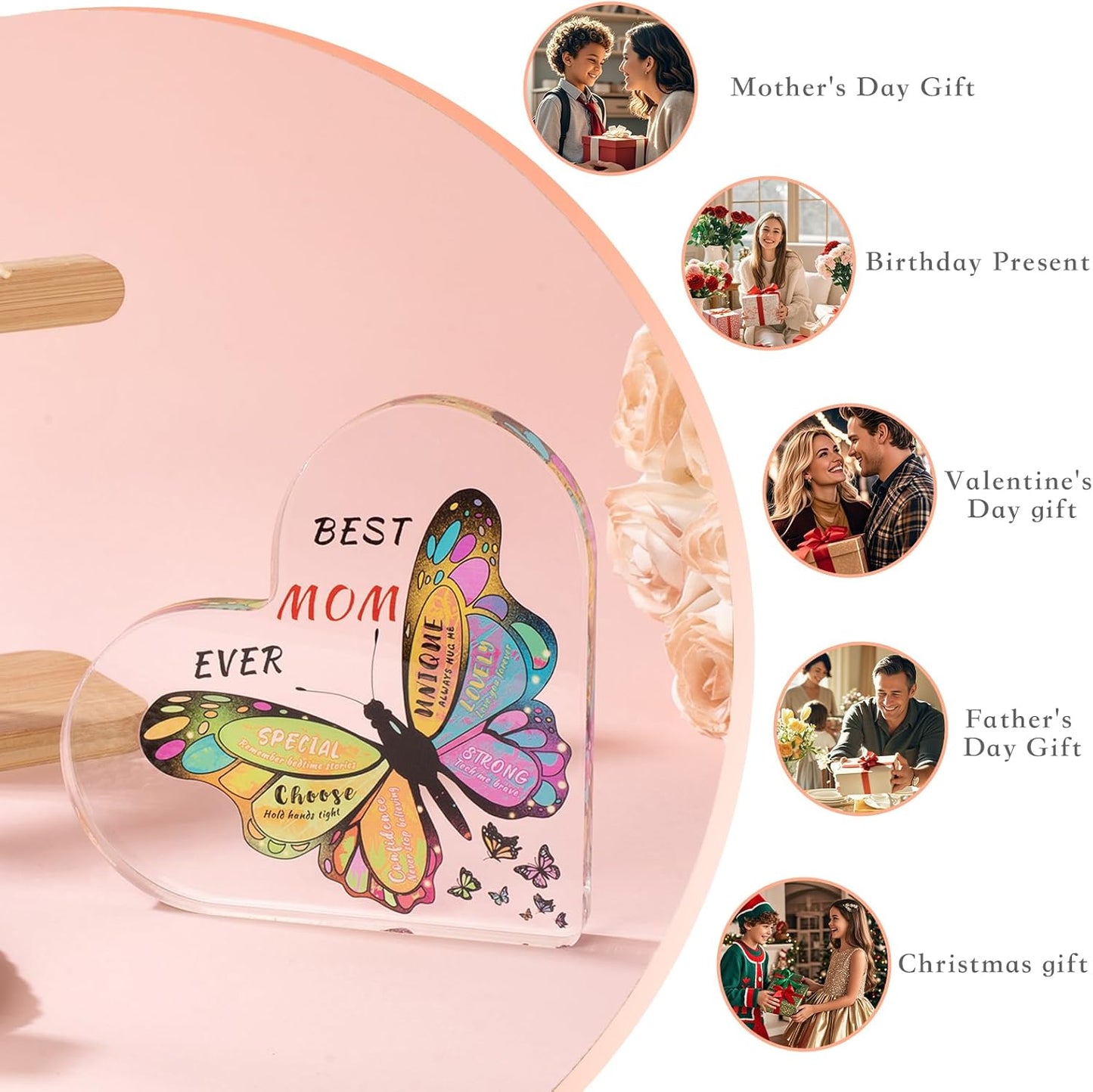 Butterfly Desk Decoration Gifts for Mom – Best Mom Ever Acrylic Plaque from Daughter & Son | Birthday, Christmas, Anniversary & Mother’s Day Gift for Mom