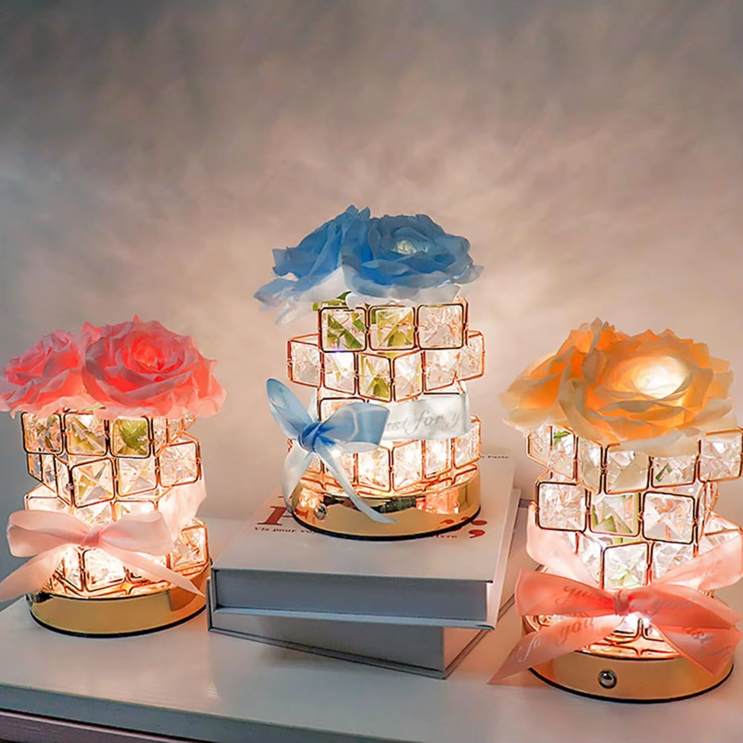Nightstand Table Lamp Rechargeable Bedroom Bedside Decorative Lamp Crystal Flower Rose for Girl Valentine'S Day Birthday Gift