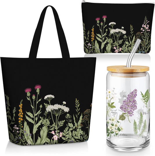 3-Piece Plant Lover Gift Set – Floral Canvas Tote Bag, 16oz Coffee Cup with Straw, and Makeup Bag
