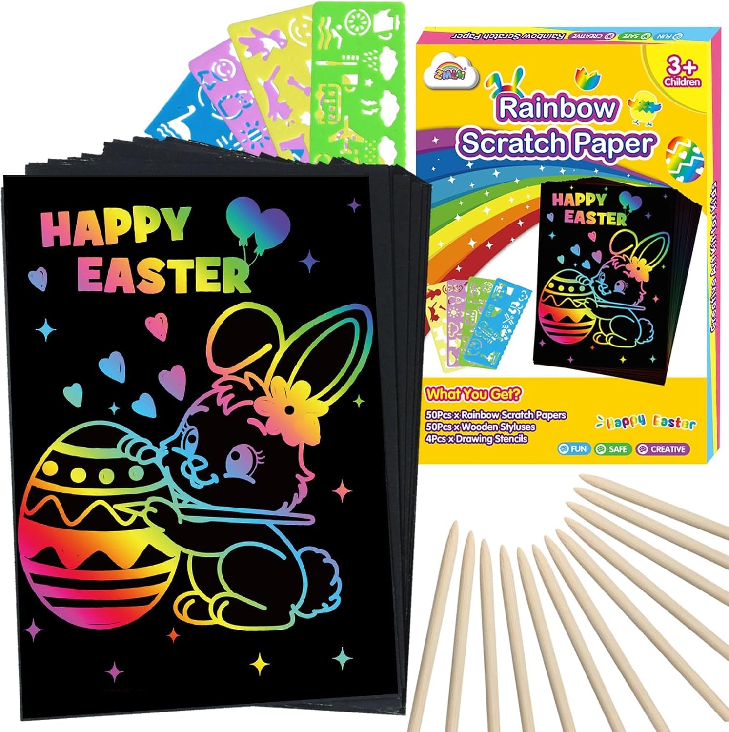 100PCS Easter Rainbow Scratch Paper Art Set for Kids – Easter Basket Stuffers Arts & Crafts Gifts for Boys & Girls Ages 4–8, 8–12, Scratch Art Birthday Party Favors Activities