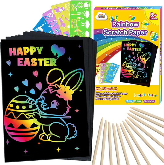100PCS Easter Rainbow Scratch Paper Art Set for Kids – Easter Basket Stuffers Arts & Crafts Gifts for Boys & Girls Ages 4–8, 8–12, Scratch Art Birthday Party Favors Activities