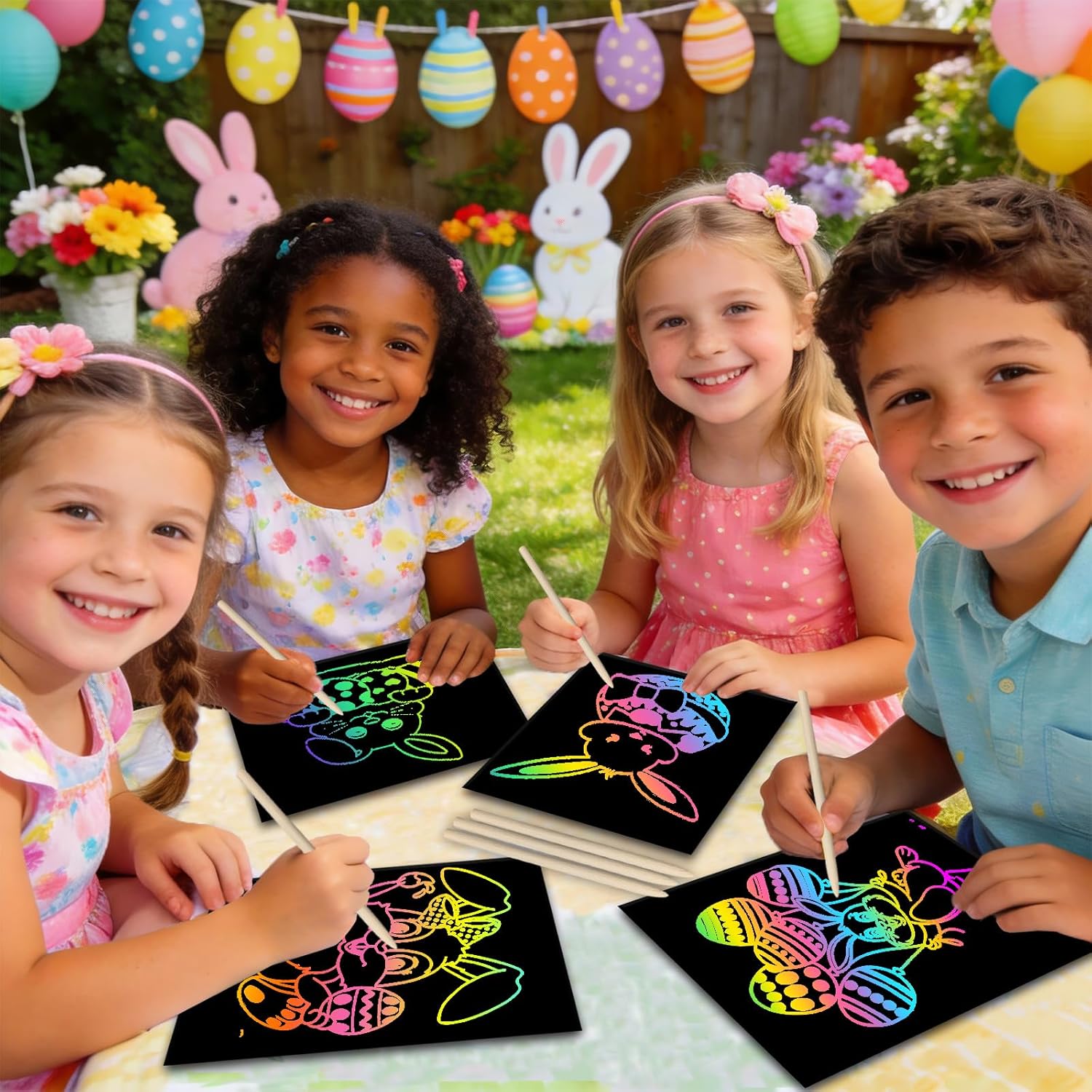 100PCS Easter Rainbow Scratch Paper Art Set for Kids – Easter Basket Stuffers Arts & Crafts Gifts for Boys & Girls Ages 4–8, 8–12, Scratch Art Birthday Party Favors Activities