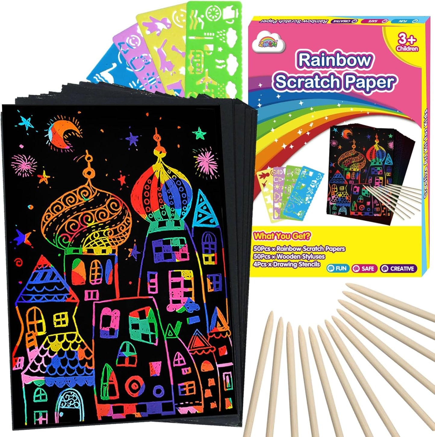 100PCS Easter Rainbow Scratch Paper Art Set for Kids – Easter Basket Stuffers Arts & Crafts Gifts for Boys & Girls Ages 4–8, 8–12, Scratch Art Birthday Party Favors Activities