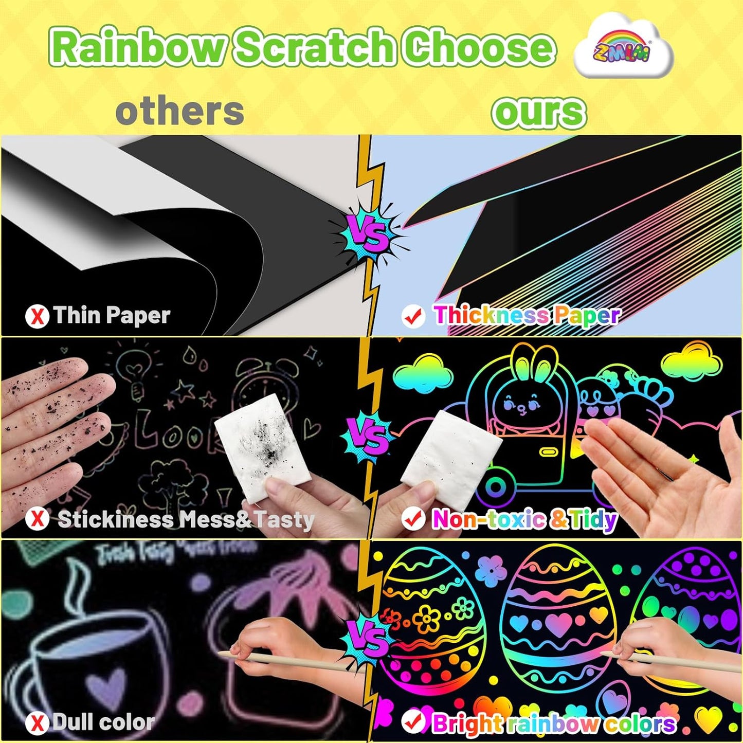 100PCS Easter Rainbow Scratch Paper Art Set for Kids – Easter Basket Stuffers Arts & Crafts Gifts for Boys & Girls Ages 4–8, 8–12, Scratch Art Birthday Party Favors Activities
