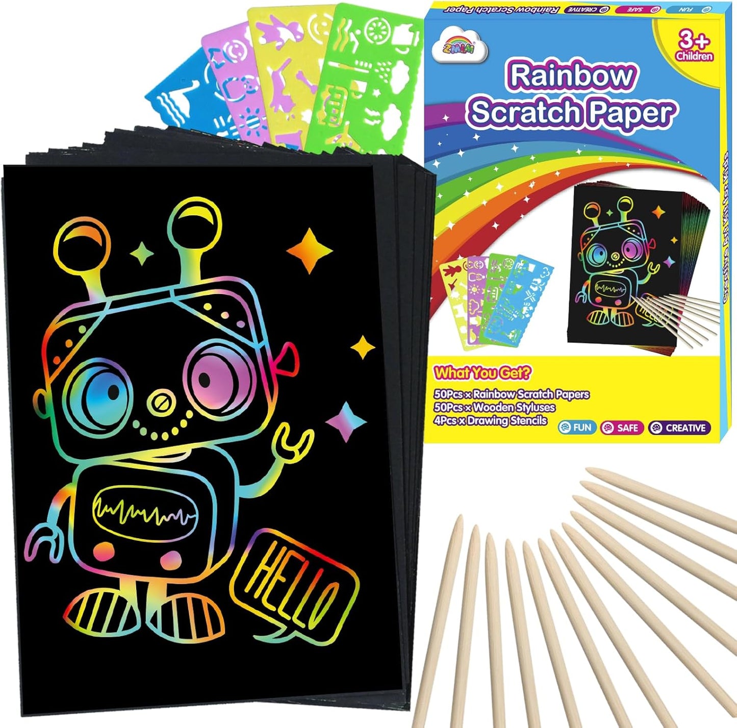 100PCS Easter Rainbow Scratch Paper Art Set for Kids – Easter Basket Stuffers Arts & Crafts Gifts for Boys & Girls Ages 4–8, 8–12, Scratch Art Birthday Party Favors Activities