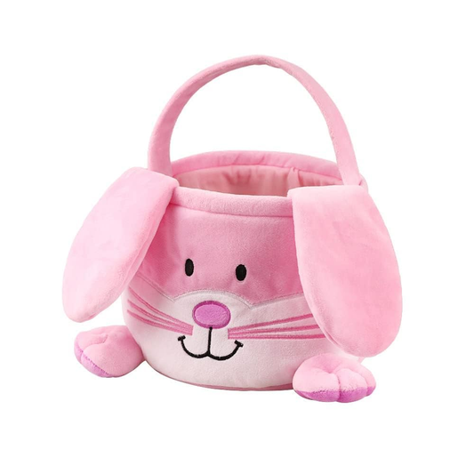 Pink bunny-shaped plush basket on a white background
