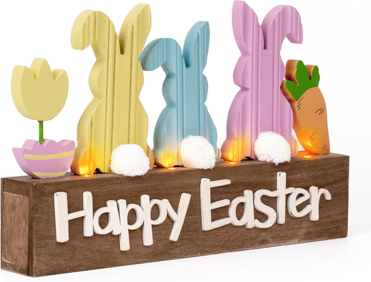 Easter Bunny Decorations with LED Lights – Wooden Lighted Easter Decor for Table, Shelf & Tiered Tray, Pink Blue, 8 Inch