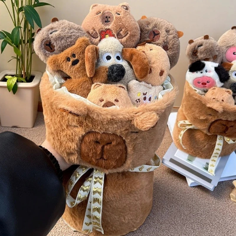 Capybara Plush Bouquet - Cute Stuffed Toy Bucket - Great Gift for Valentines Day