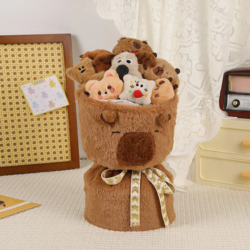 Capybara Plush Bouquet - Cute Stuffed Toy Bucket - Great Gift for Valentines Day