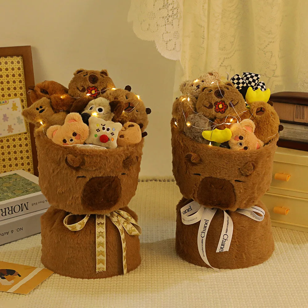 Capybara Plush Bouquet - Cute Stuffed Toy Bucket - Great Gift for Valentines Day