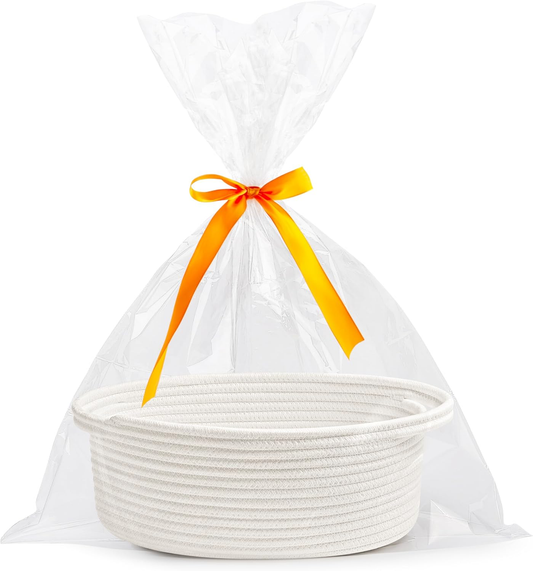 🐰 Small Woven Easter Basket with Gift Bags & Ribbons – White Rope Storage Basket with Handles (12" x 8" x 5")