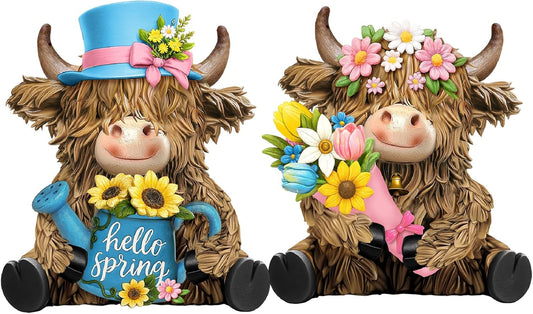 2 Pack Spring Highland Cow Resin Figurine Spring Bathroom Highland Cow Gnomes with Flower Starfish Resin Statue for Garden Table Shelf Home Decor Calf Gnome Herd Gifts