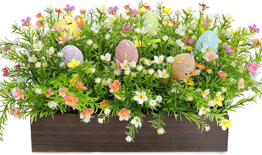 Easter Table Centerpiece Decoration – Spring Artificial Flowers Arrangement with Wooden Tray Farmhouse Decor