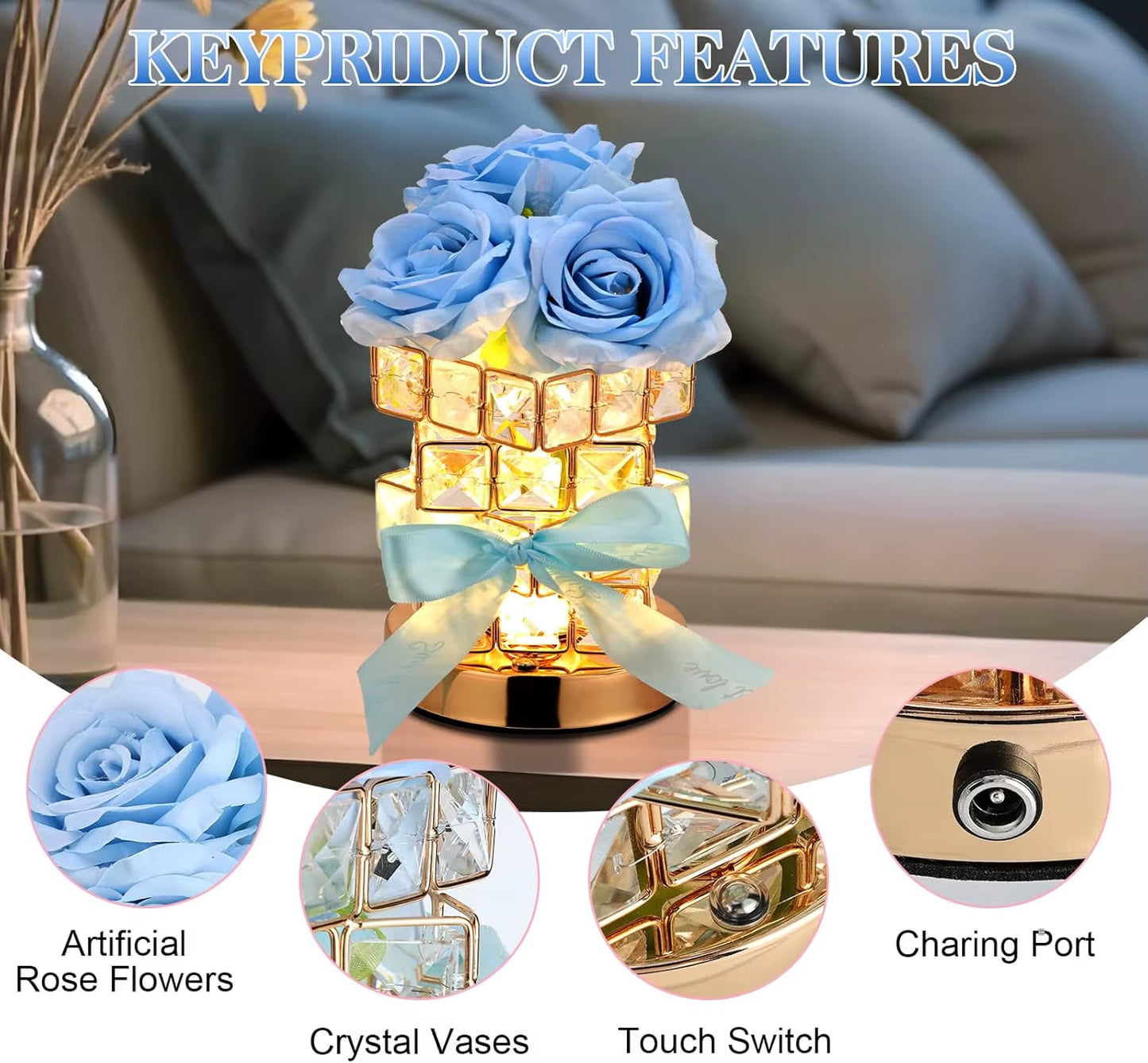 Nightstand Table Lamp Rechargeable Bedroom Bedside Decorative Lamp Crystal Flower Rose for Girl Valentine'S Day Birthday Gift