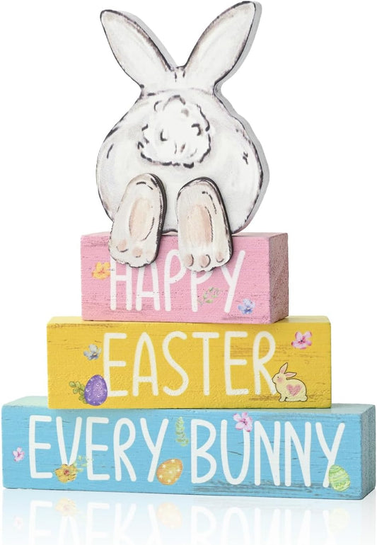 Easter Bunny Wooden Block Decor – Pastel Spring Tiered Tray Easter Sign