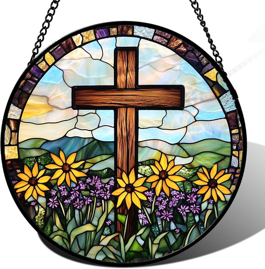 Christian Cross Stained Glass Sun Catcher – Religious Gifts for Women, Mom & Grandma | Easter & Mother’s Day Hanging Window Decor with Yellow Purple Wildflowers